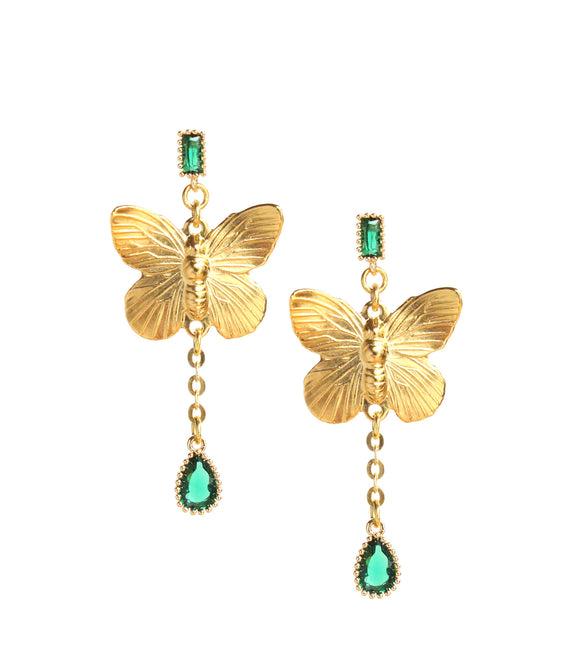 Butterfly earrings with emerald drops