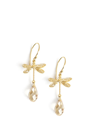 Gold dragonfly earrings with Golden Shadow Austrian crystals