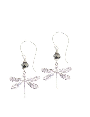 Silver dragonfly earrings with Black Diamond Austrian crystals