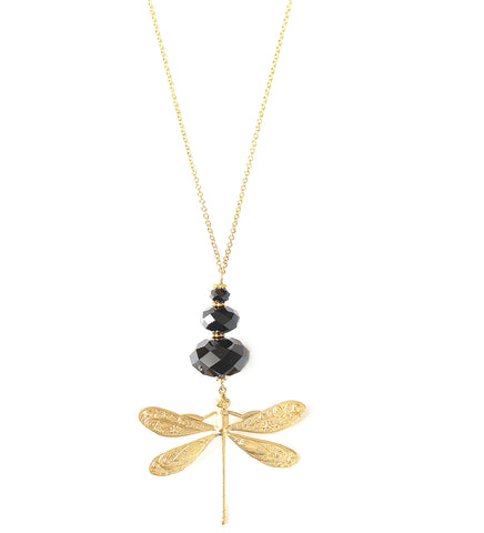 Long 18K gold plated dragonfly necklace with Black Swarovski crystals