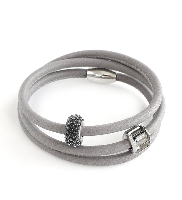 Grey triple-wrap leather bracelet with Austrian crystal pavé crystals