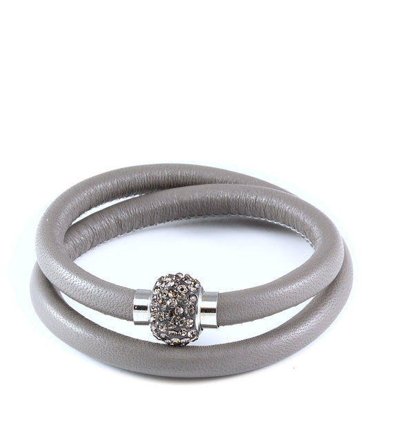 Grey double wrap leather bracelet with Austrian crystals