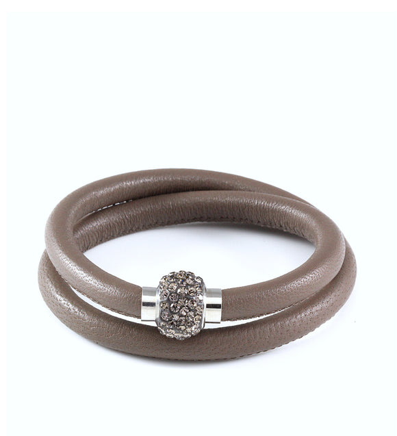 Taupe double wrap leather bracelet with Austrian crystals