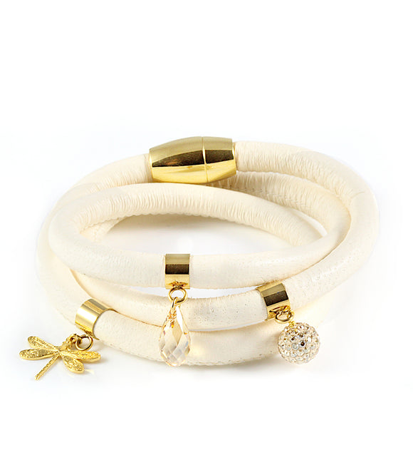 Cream triple wrap leather bracelet with Austrian crystal charms