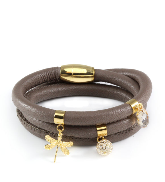 Taupe triple wrap leather bracelet with gold dragonfly and Austrian crystal charms