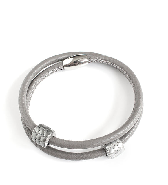 Grey double wrap leather bracelet with Austrian grey pavé elements