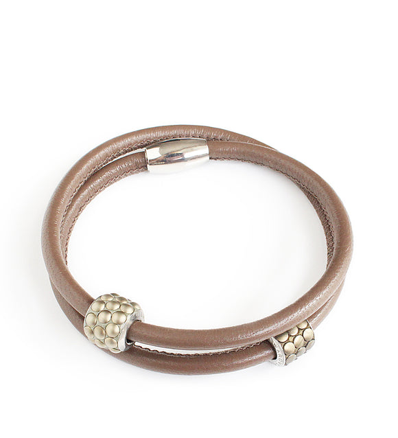 Taupe double-wrap leather bracelet decorated with Austrian pavé elements
