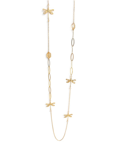 Long 18K gold plated dragonfly necklace with Golden Shadow Swarovski crystals