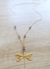 Long gold dragonfly necklace with Tanzanite Austrian crystals