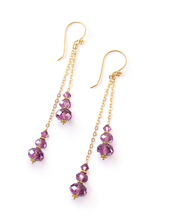 Gold dangle earrings with amethyst Austrian crystals