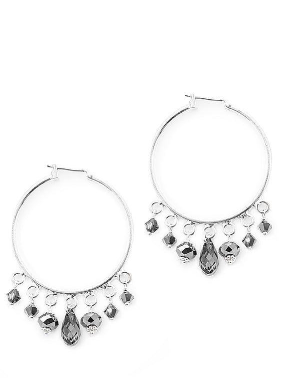 Silver hoop earrings with Black Diamond Austrian crystals