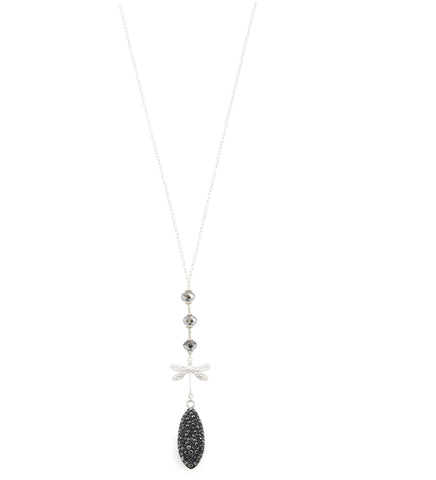 Long silver necklace handmade with dragonfly and Black Silver Night Swarovski crystals