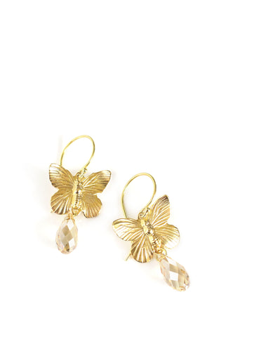 Gold butterfly earrings with golden shadow Austrian crystal drops