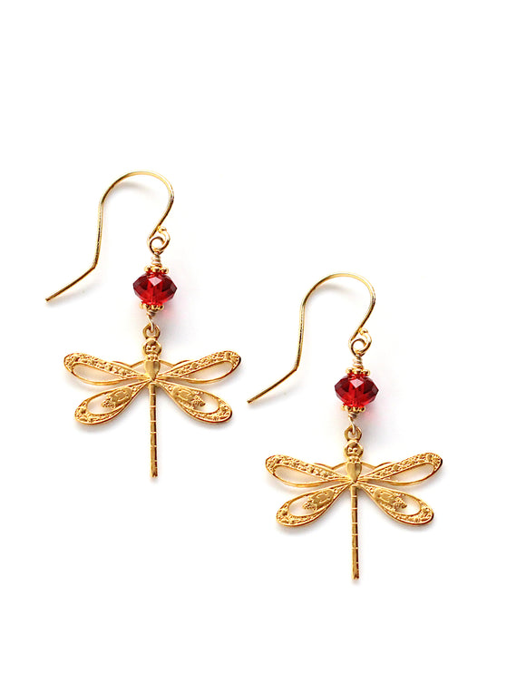 Gold dragonfly earrings with Scarlet Red Austrian crystals