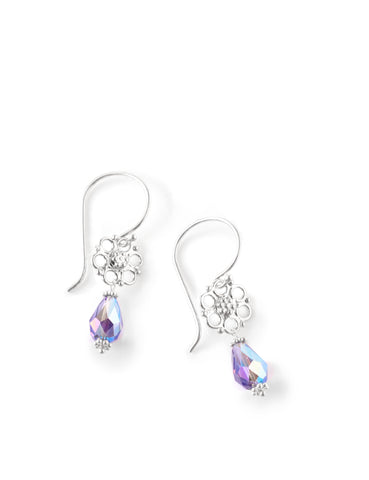 Silver flower earrings with Austrian Tanzanite AB drops