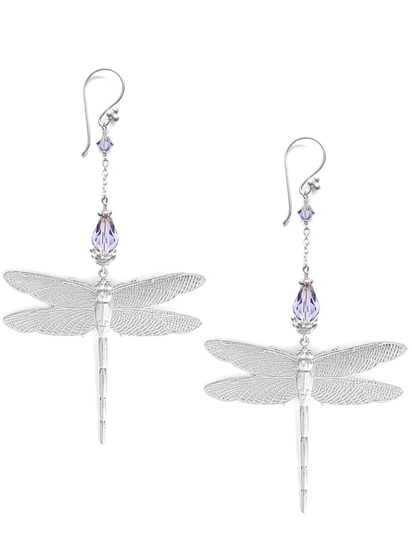 Silver dragonfly earrings with Tanzanite Austrian crystals