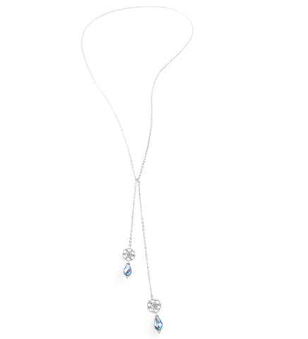 Silver double wrap flower necklace with Tanzanite AB Swarovski crystal drops