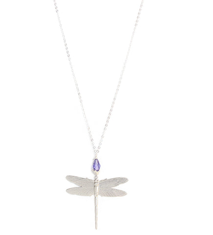 Long rhodium plated dragonfly necklace with a Tanzanite Swarovski crystal