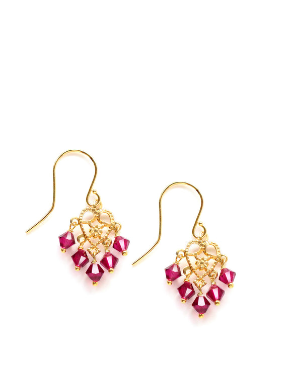 Gold heart filigree earrings with ruby Austrian crystals