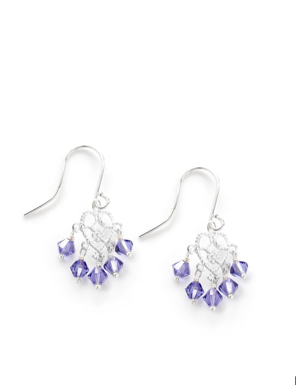 Silver earrings with heart filigree and Tanzanite Austrian crystals