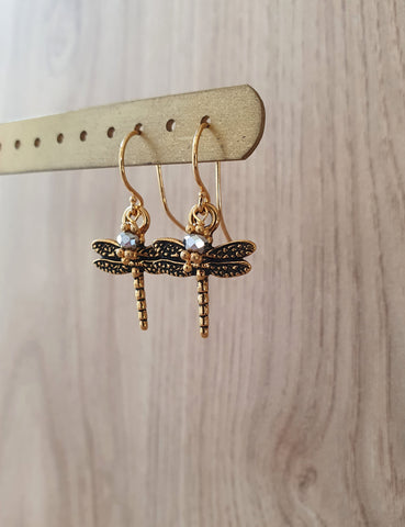 Gold dragonfly earrings with Black Diamond crystals