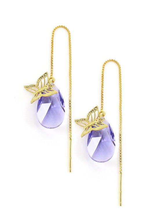 Austrian Tanzanite drops and gold butterfly threader earrings
