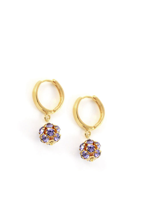 Gold hoop earrings with Tanzanite Austrian crystal balls