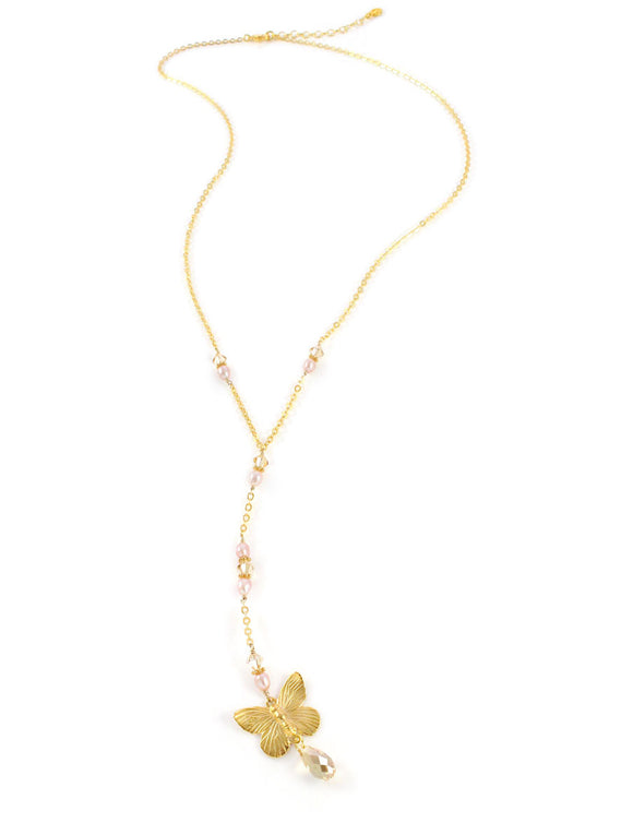Gold butterfly necklace with pearls and Austrian crystal drop