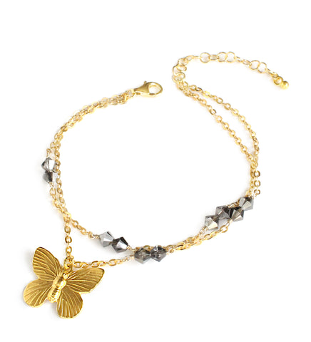 Double chain gold plated butterfly bracelet with Black Diamond crystals