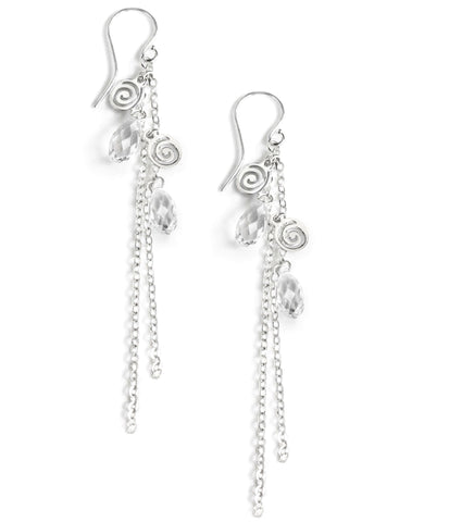 Long-length rhodium plated earrings with Swarovski crystal drops and swirl coins