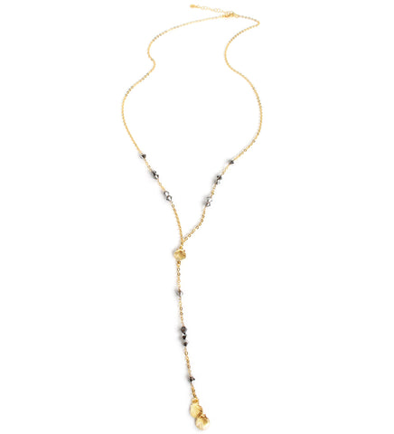 18K gold plated seashell Y necklace with Black Silver Night Swarovski crystals