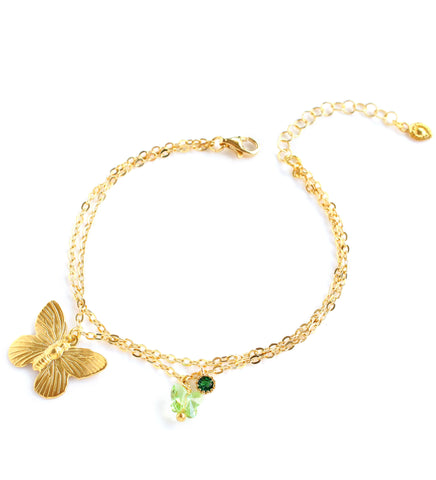 Gold double chain Austrian crystal butterfly bracelet