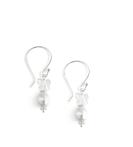 Rhodium plated earrings with grey freshwater pearls and clear Swarovski crystal butterflies