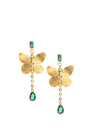 Emerald drop and butterfly stud earrings