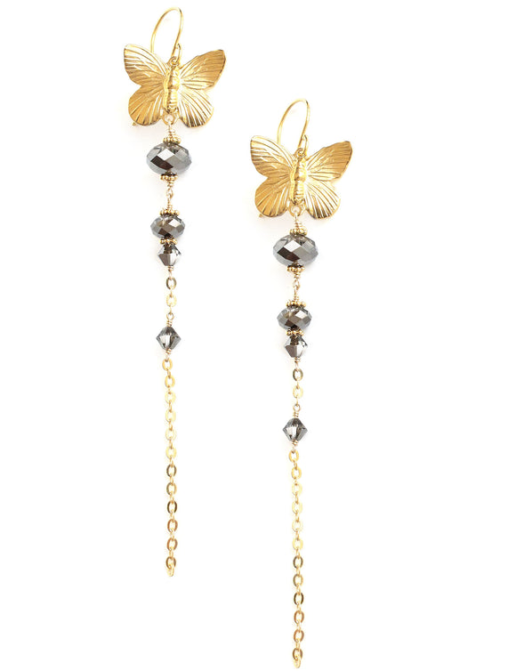 Gold butterfly earrings with Black Diamond Austrian crystals
