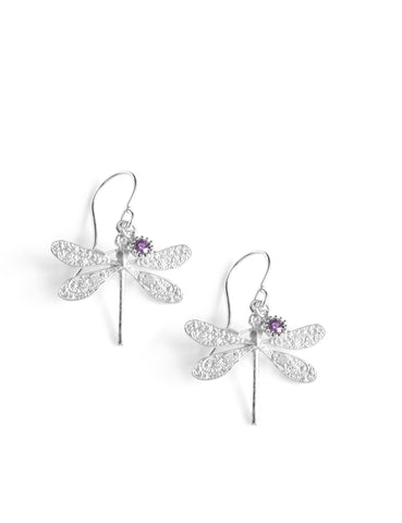 Rhodium plated dragonfly earrings with Tanzanite Austrian crystals