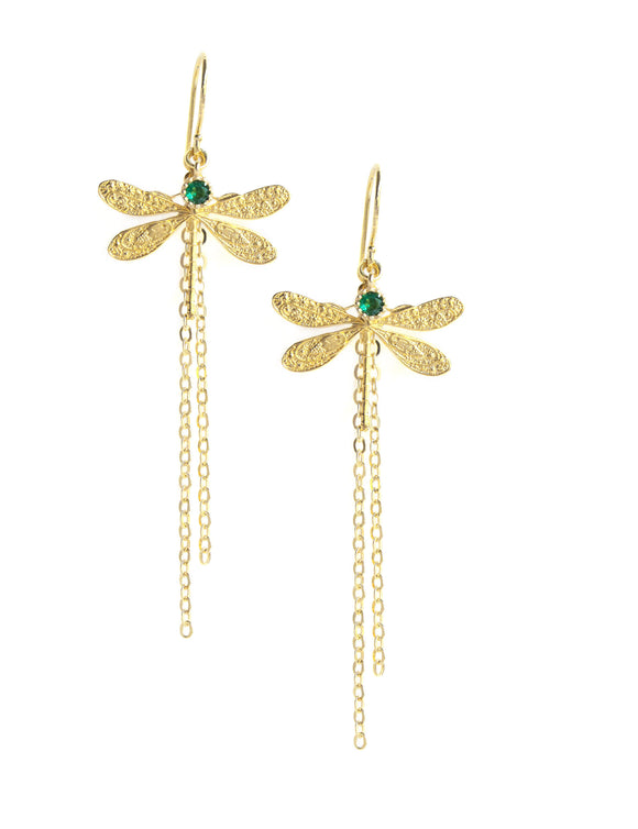 Gold dragonfly dangle earrings with Emerald crystals