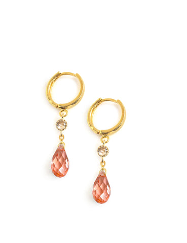 Gold hoop earrings with Rose Peach Austrian crystal drops