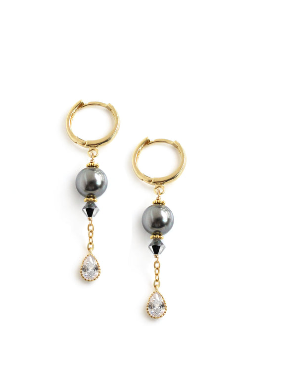 Dark grey pearl and crystal drop hoop earrings
