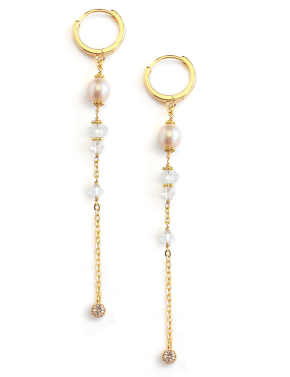 Long hoop earrings with freshwater pearls and Austrian crystals