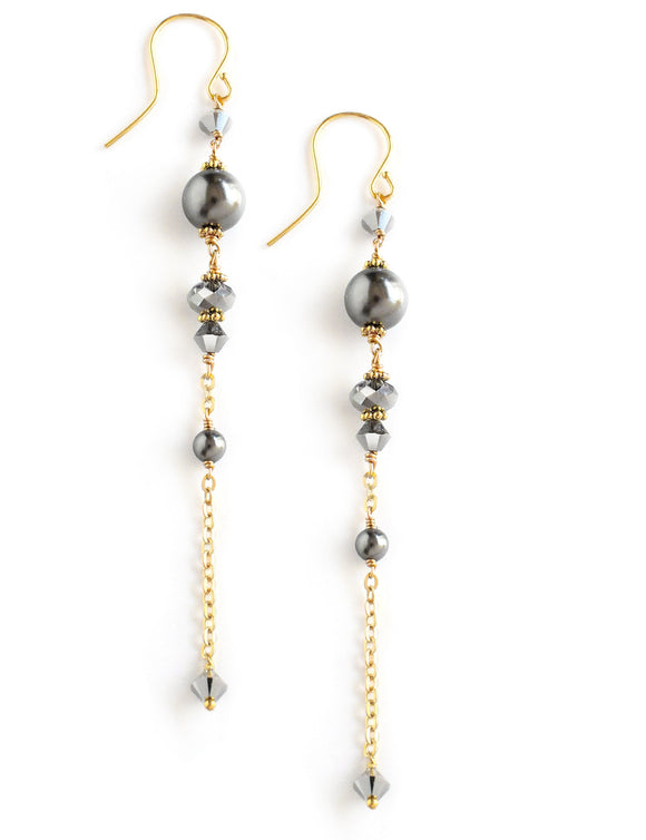 Gold dangle earrings with grey pearls and Black Diamond Austrian crystals