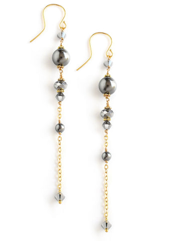 18K Gold plated dangle earrings with grey pearls and Black Diamond Austrian crystals
