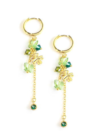 Gold hoop earrings with Peridot green butterflies and clover