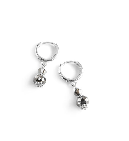 Rhodium plated huggie earrings with Black Silver Night Swarovski crystals