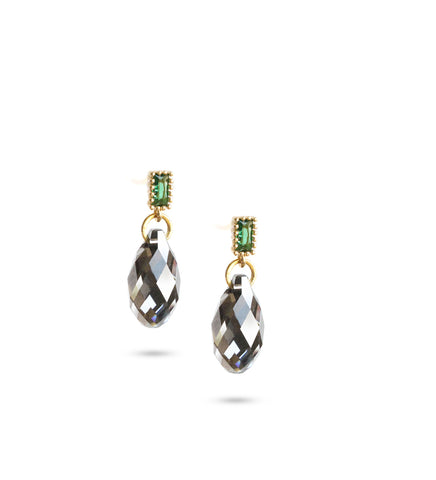 18K gold plated emerald stud earrings with Black Silver Night drops