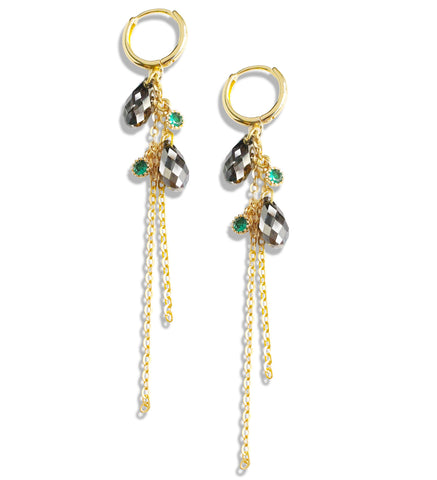 Long-length gold plated hoop earrings with Black Silver Night drops
