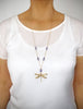 Long gold dragonfly necklace with Tanzanite Austrian crystals