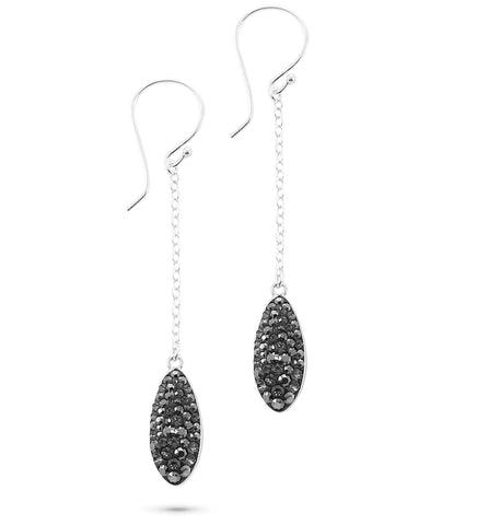 Rhodium plated dangle earrings adorned with Black Silver Night Swarovski crystal pavé pendants.