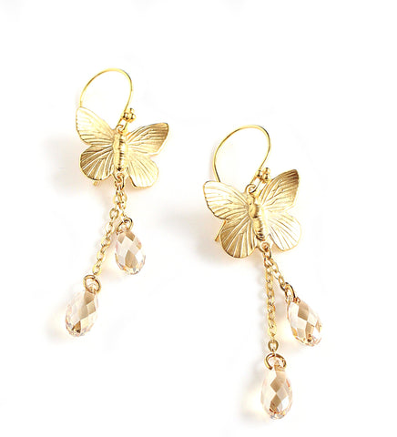 18K gold plated butterfly earrings with Golden Shadow Swarovski crystal drops.