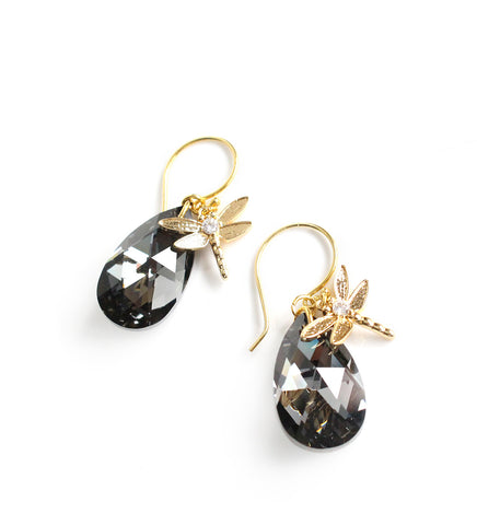 18K gold plated dragonfly earrings with "Black Silver Night" Swarovski crystal drops.